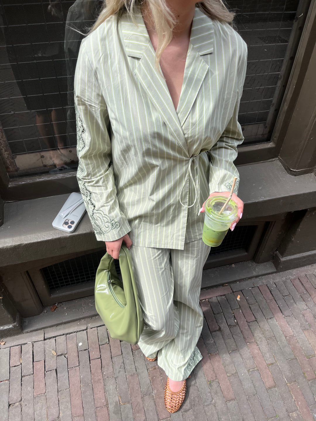 OBJECT Objmagda Gestreepte Broek met Broderie Anglaise