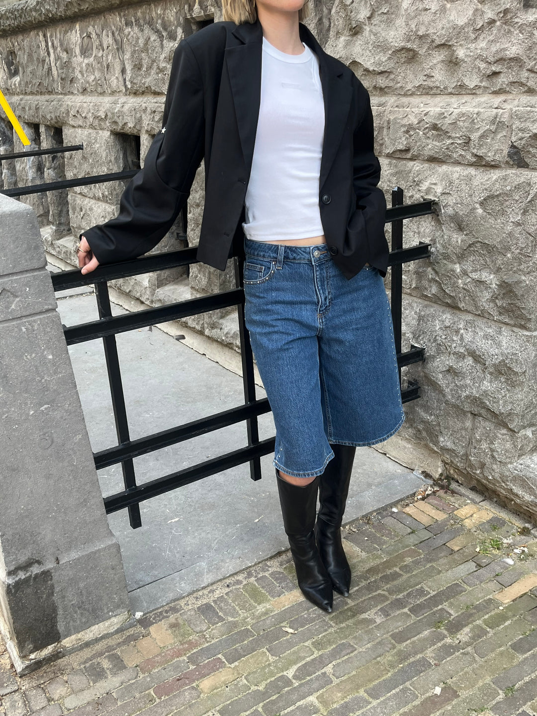 Pieces PCKARLA Denim Jorts met parels