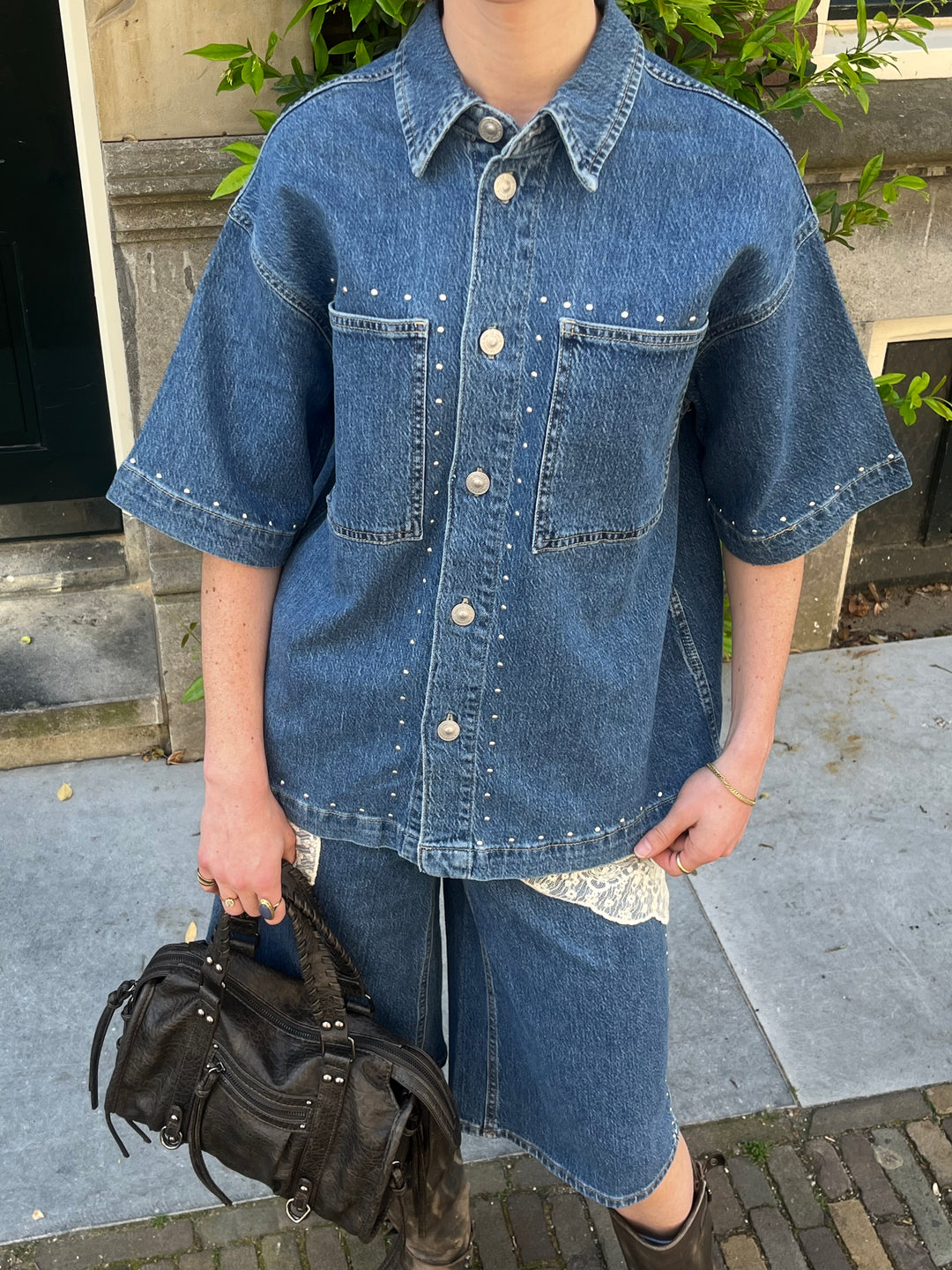 Pieces PCKARLA Denim Jorts met parels
